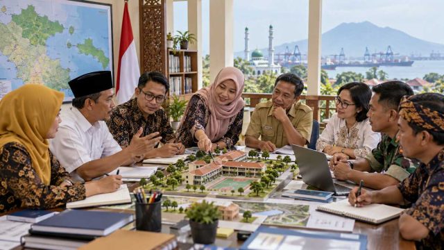 Pendidik dan perwakilan masyarakat berdiskusi mengelilingi meja dengan miniatur sekolah di ruang rapat publik