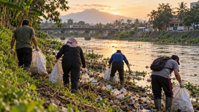 Relawan ilustratif mengumpulkan sampah di tepi sungai pada sore hari.