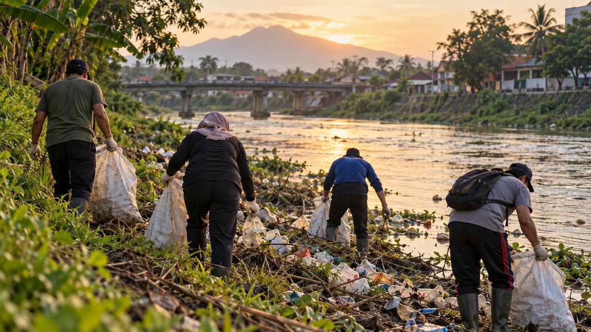 Relawan ilustratif mengumpulkan sampah di tepi sungai pada sore hari.