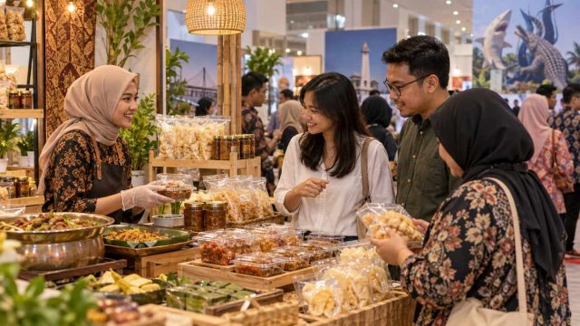 Pelaku usaha ilustratif melayani pengunjung di stan makanan pameran.