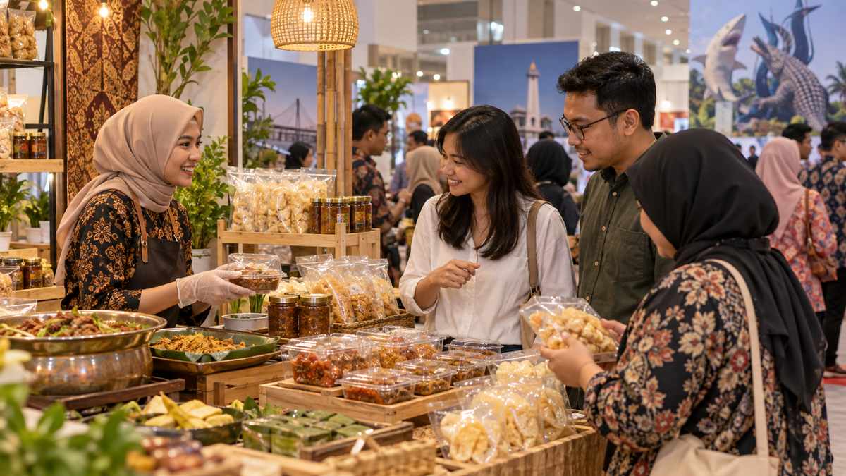 Pelaku usaha ilustratif melayani pengunjung di stan makanan pameran.