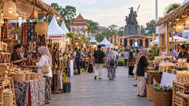 Pengunjung ilustratif berjalan di antara stan produk usaha kecil.