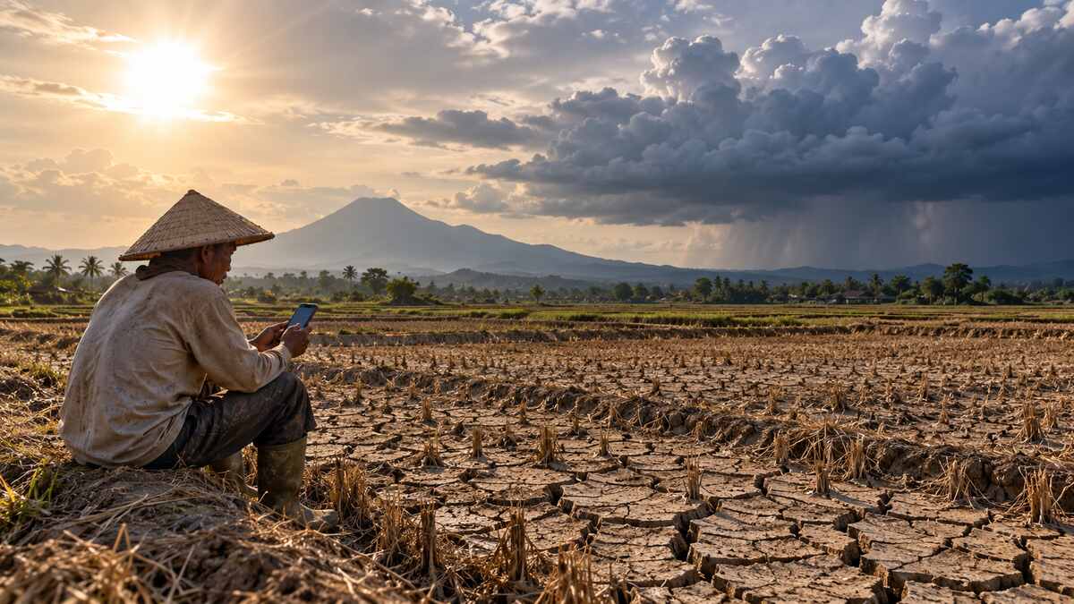 Petani berdiri di lahan retak sambil melihat ponsel dengan awan gelap berkumpul di cakrawala