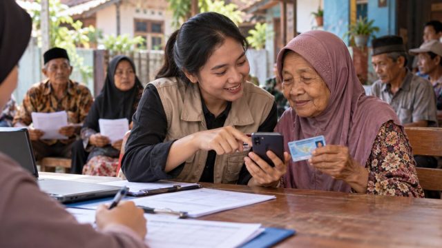 Relawan muda mendampingi seorang lansia menggunakan ponsel di meja komunitas tanpa menampilkan data pribadi