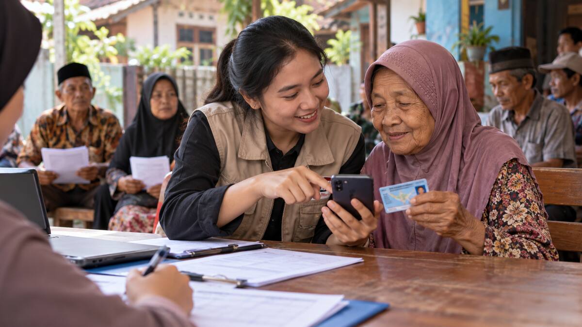 Relawan muda mendampingi seorang lansia menggunakan ponsel di meja komunitas tanpa menampilkan data pribadi
