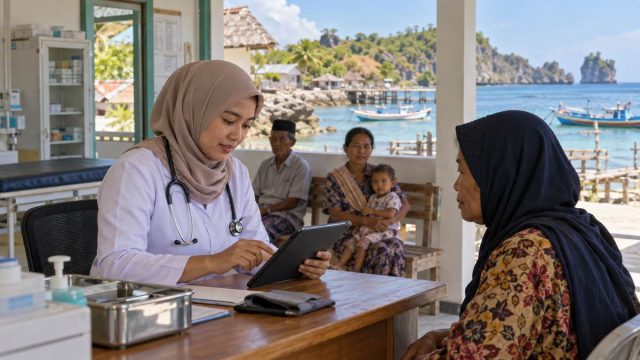 Petugas kesehatan ilustratif menggunakan tablet saat melayani pasien di klinik kepulauan.