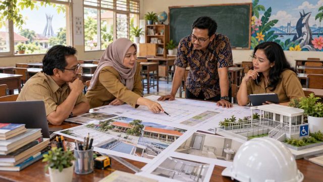 Guru ilustratif meninjau rancangan perbaikan ruang sekolah dan aksesnya.