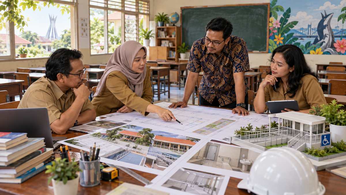 Guru ilustratif meninjau rancangan perbaikan ruang sekolah dan aksesnya.