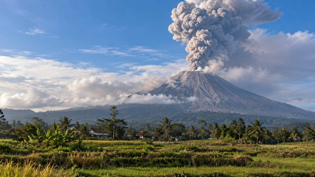Ilustrasi konseptual erupsi Gunung Semeru dan batas aman warga