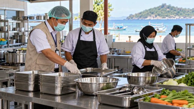 Petugas ilustratif meninjau peralatan di dapur produksi makanan.