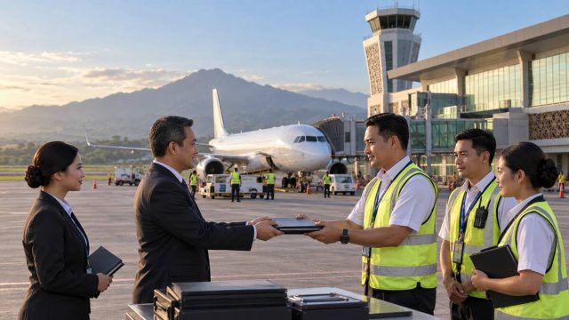 Pesawat tanpa logo berada di apron Bandara Dhoho sementara dua tim operasional bertukar map dokumen