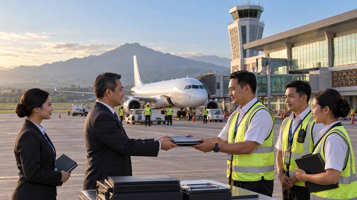 Pesawat tanpa logo berada di apron Bandara Dhoho sementara dua tim operasional bertukar map dokumen