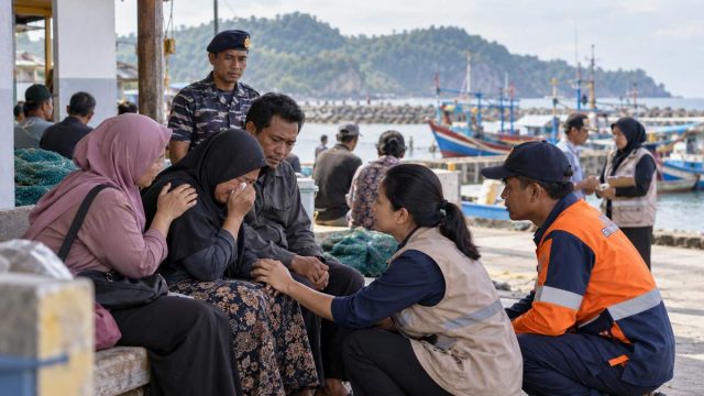 Petugas bantuan ilustratif mendampingi keluarga di dekat pelabuhan.