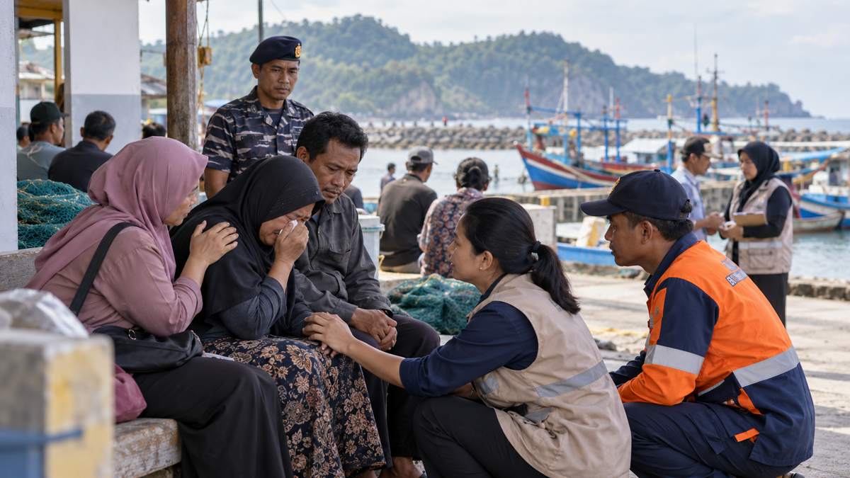 Petugas bantuan ilustratif mendampingi keluarga di dekat pelabuhan.