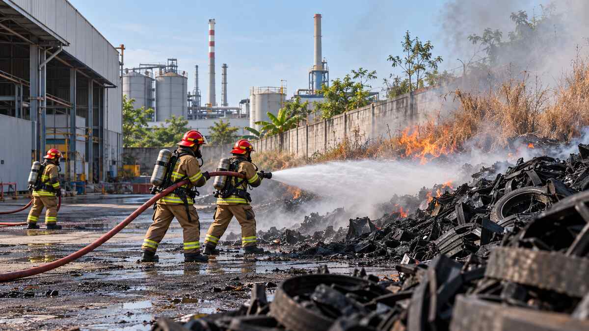 Petugas pemadam menyemprotkan air ke api di belakang pabrik dengan tumpukan karet dan rumput kering terlihat terpisah