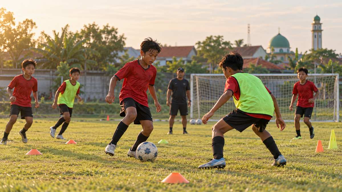 Pesepak bola muda ilustratif berlatih di lapangan lokal pada sore hari.