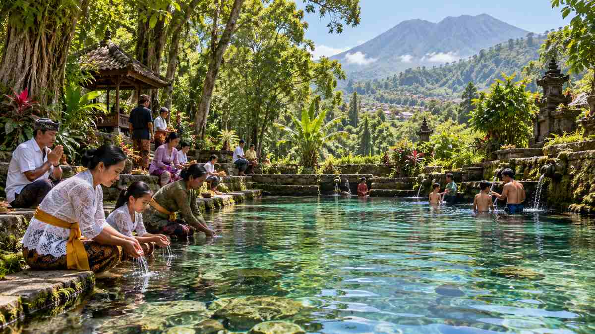 Keluarga dan warga berkumpul dengan tertib di tepi kolam mata air jernih yang dikelilingi pepohonan hijau