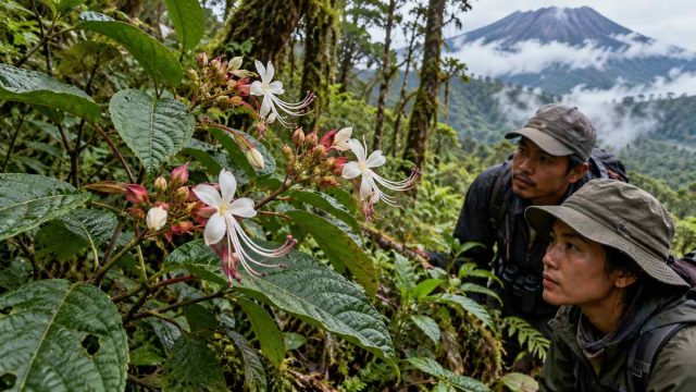 Semak berbunga tumbuh di hutan lembap Semeru sementara dua peneliti mendokumentasikan tanpa menyentuh tanaman