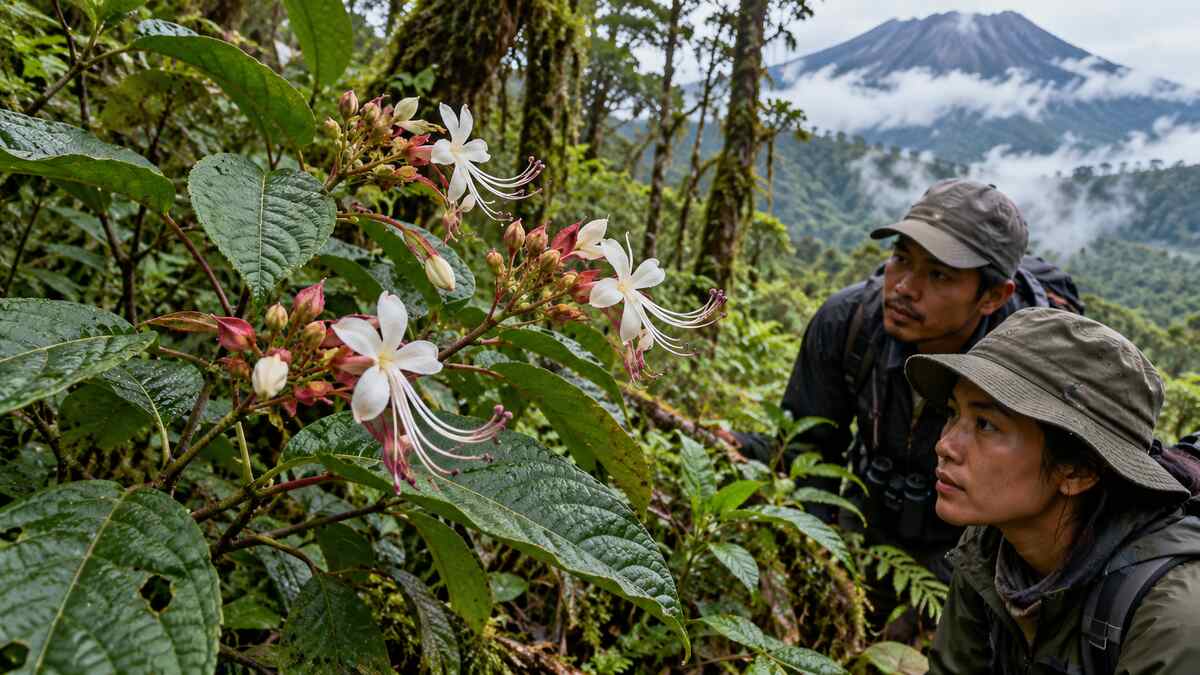 Semak berbunga tumbuh di hutan lembap Semeru sementara dua peneliti mendokumentasikan tanpa menyentuh tanaman