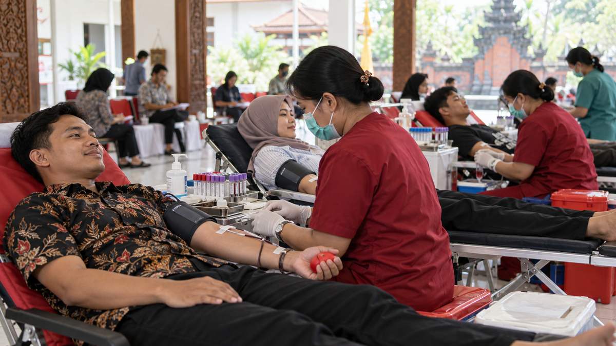 Petugas kesehatan ilustratif membantu donor darah sukarela di ruang layanan.