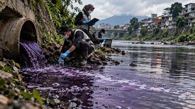 Dua petugas memakai alat pelindung mengambil sampel dari sungai berwarna ungu gelap di dekat muara drainase kota