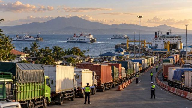 Deretan truk panjang mengarah ke pelabuhan sementara beberapa kapal feri beroperasi di Selat Bali dan petugas mengatur arus
