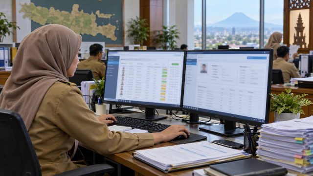 Petugas sosial membandingkan dua basis data pada monitor dengan berkas verifikasi di meja