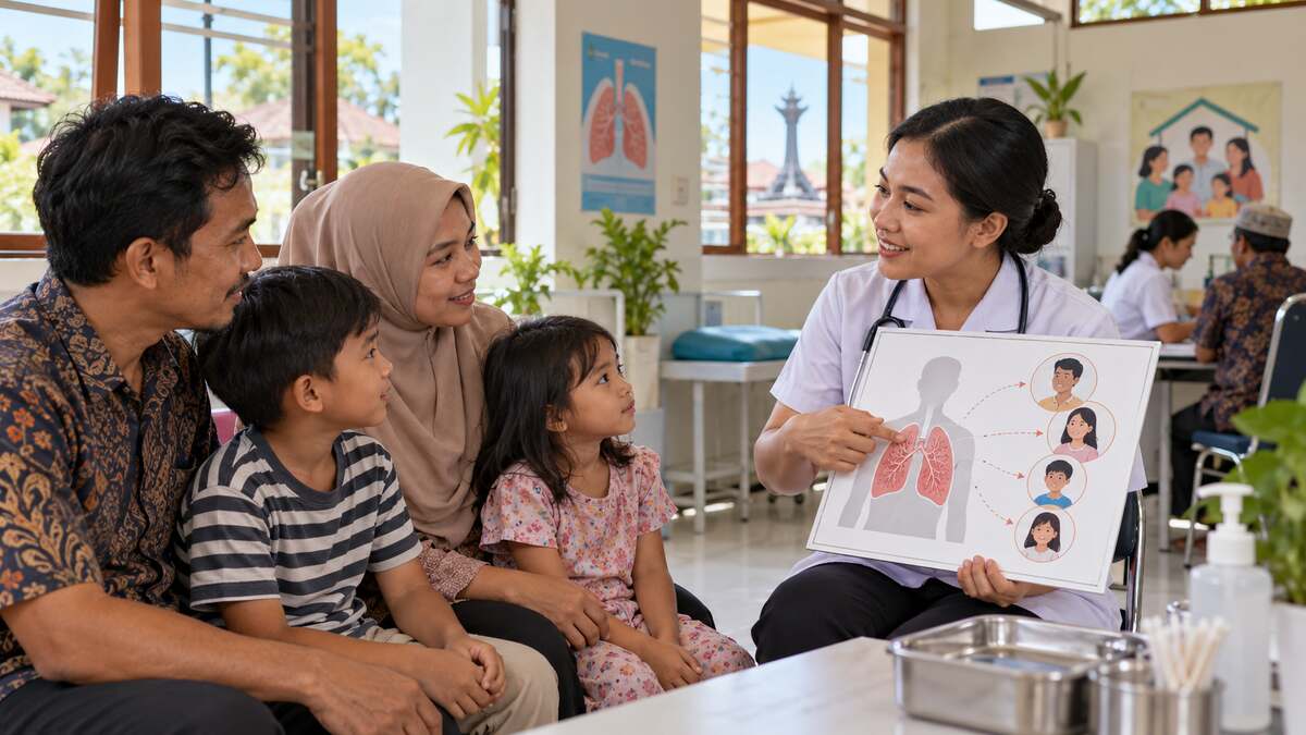 Tenaga kesehatan menjelaskan pemeriksaan TBC kepada keluarga di ruangan terang dengan jendela terbuka