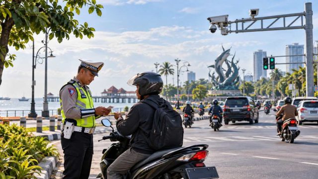 Petugas lalu lintas berdiri di sisi jalan Surabaya dengan kendaraan dan kamera pemantau persimpangan di latar