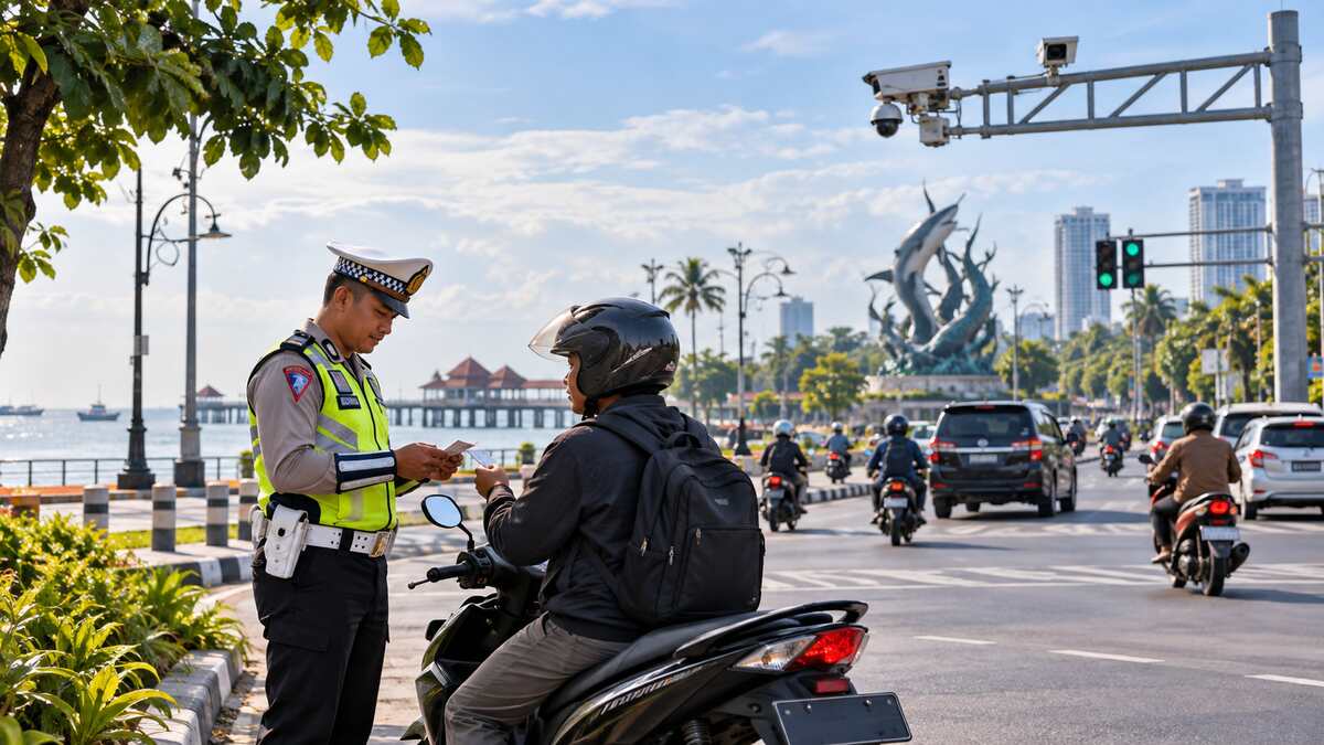 Petugas lalu lintas berdiri di sisi jalan Surabaya dengan kendaraan dan kamera pemantau persimpangan di latar
