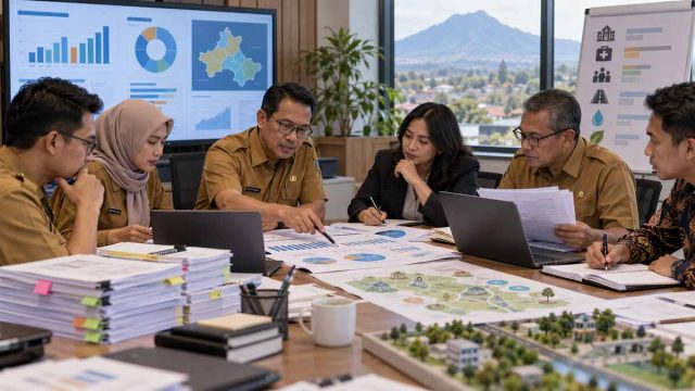 Tim pemerintah daerah memeriksa lembar anggaran dan grafik pada layar dalam rapat evaluasi