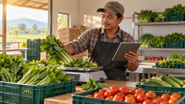 Petani menimbang hasil panen di ruang pengemasan sederhana sambil melihat catatan usaha pada tablet