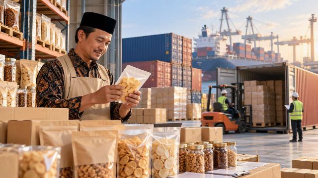 Pelaku usaha kecil memeriksa kotak produk tanpa label di gudang dengan kontainer pengiriman di belakang