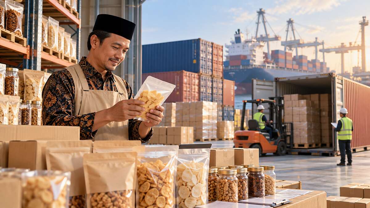Pelaku usaha kecil memeriksa kotak produk tanpa label di gudang dengan kontainer pengiriman di belakang