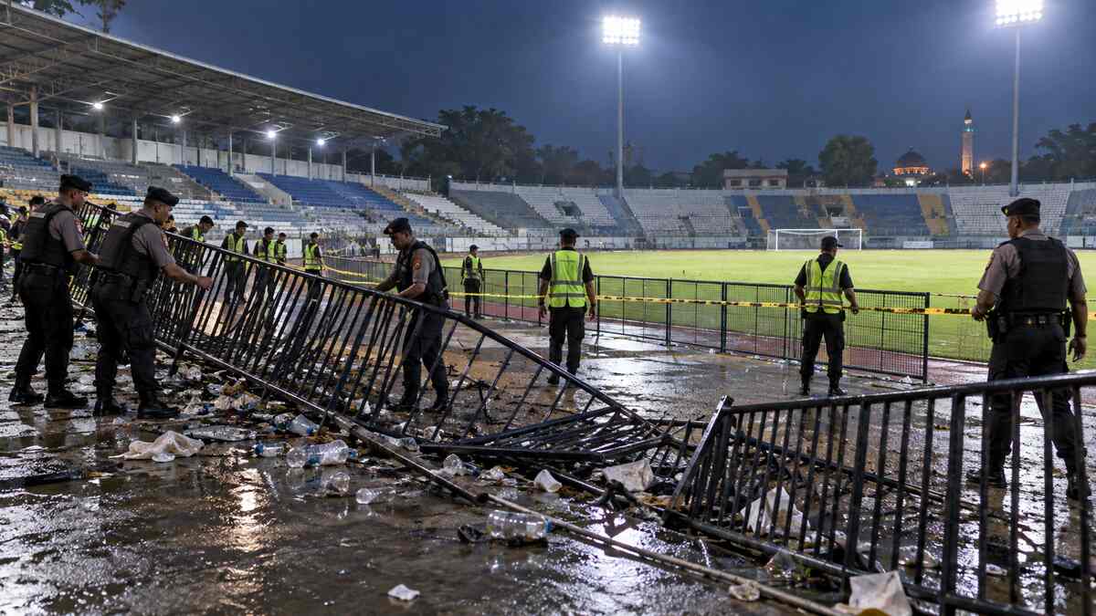 Lapangan sepak bola lokal pada malam hari dengan pagar pembatas bengkok dan petugas menata kembali area penonton