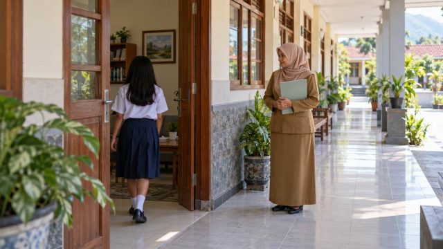 Koridor sekolah yang tenang dengan papan layanan konseling