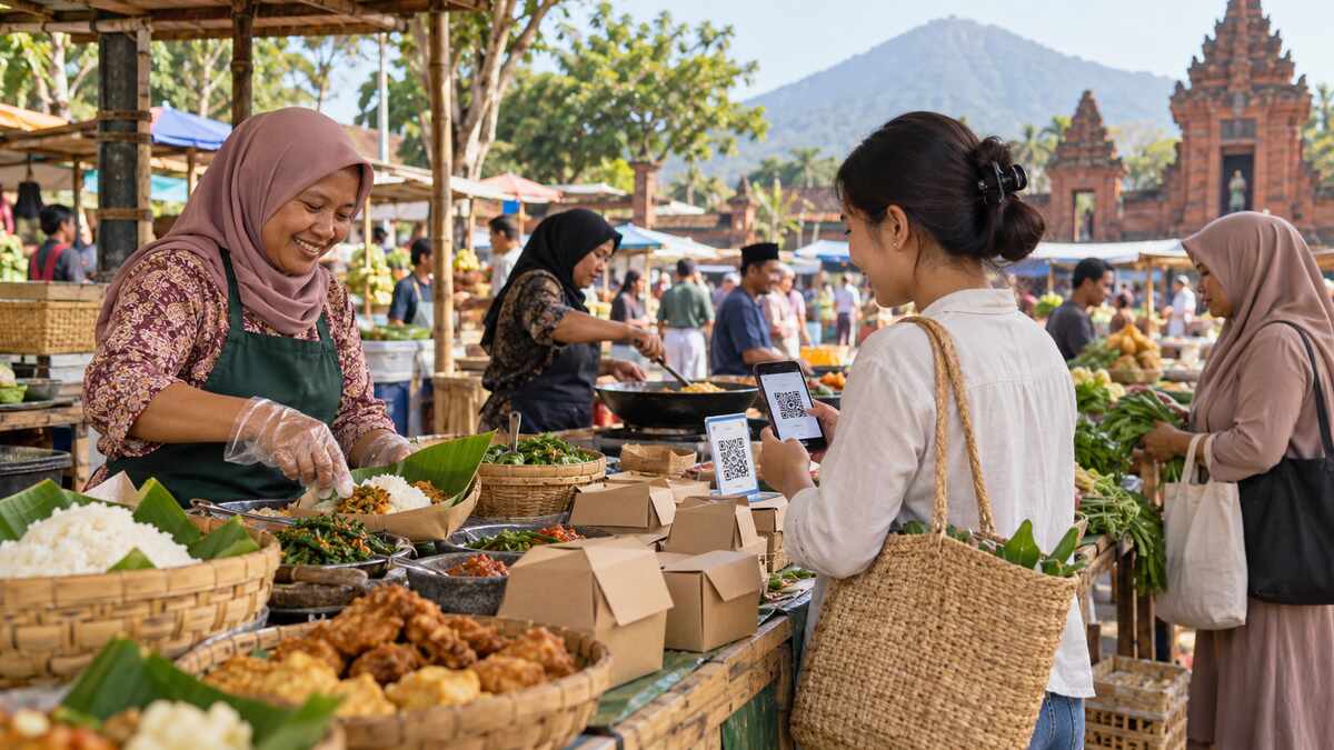 Pelaku UMKM menata produk makanan di pasar modern kecil dengan kemasan ramah lingkungan