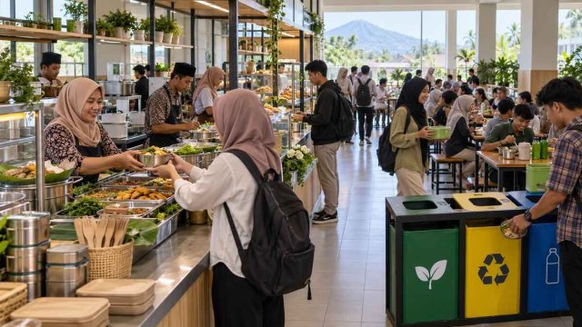 Pelaku UMKM melayani makanan di kantin kampus yang bersih dengan tempat pemilahan sampah