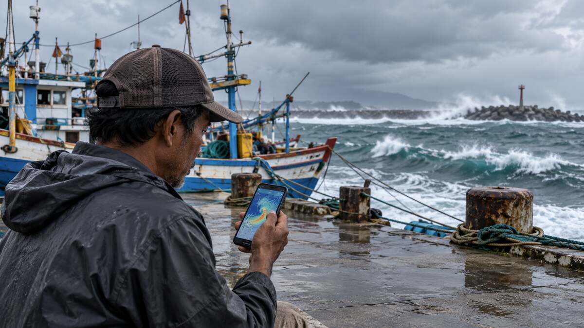 Nelayan berdiri di dermaga memeriksa prakiraan gelombang pada ponsel
