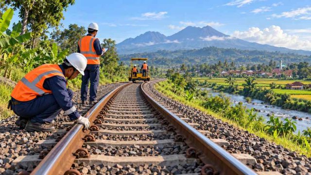 Ilustrasi petugas KAI memeriksa jalur kereta api Kediri-Tulungagung