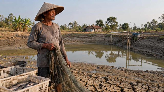 Ilustrasi tambak ikan yang menyusut akibat kemarau di Bojonegoro
