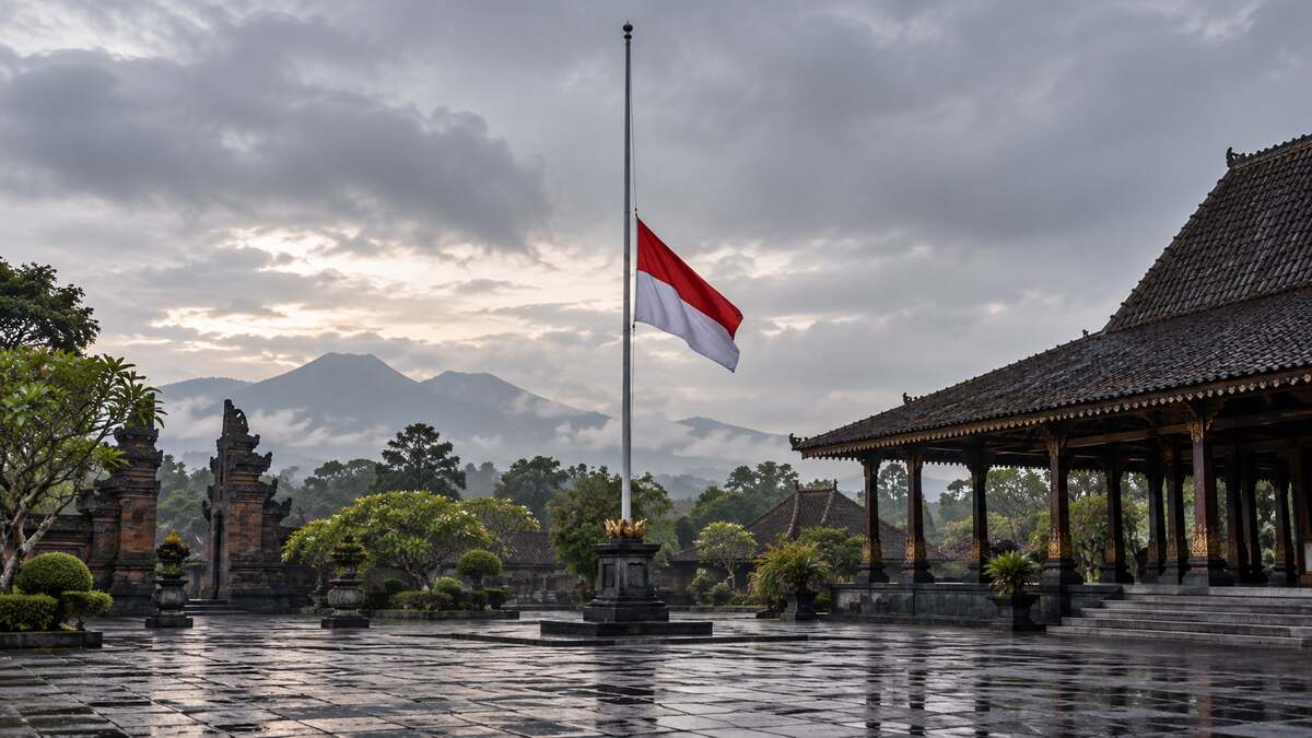 Bendera Merah Putih berada di posisi setengah tiang di halaman gedung publik pada pagi hari