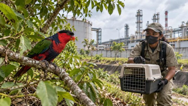 Seekor kasturi kepala hitam bertengger di pohon kecil dekat kawasan industri