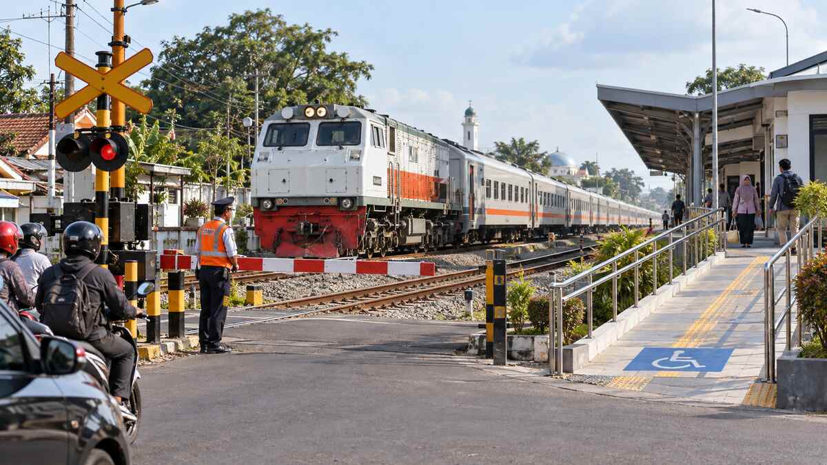 Kereta melintas di perlintasan berpagar dekat stasiun dengan jalur landai bagi pengguna kursi roda