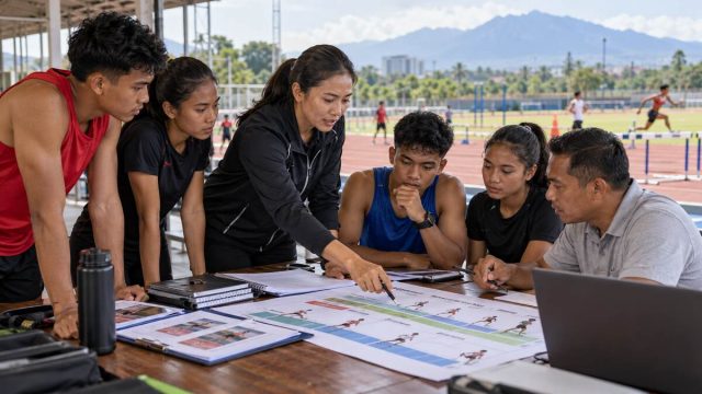 Atlet muda, pelatih, dan pengelola olahraga membahas jalur pembinaan di depan lapangan latihan