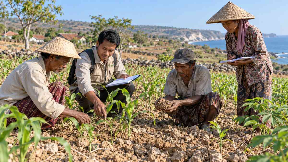 Petani dan penyuluh mengamati tanaman serta mencatat kondisi lahan di Sumenep
