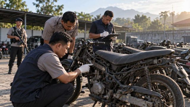 Penyidik mencocokkan nomor rangka sepeda motor di area penyimpanan barang bukti