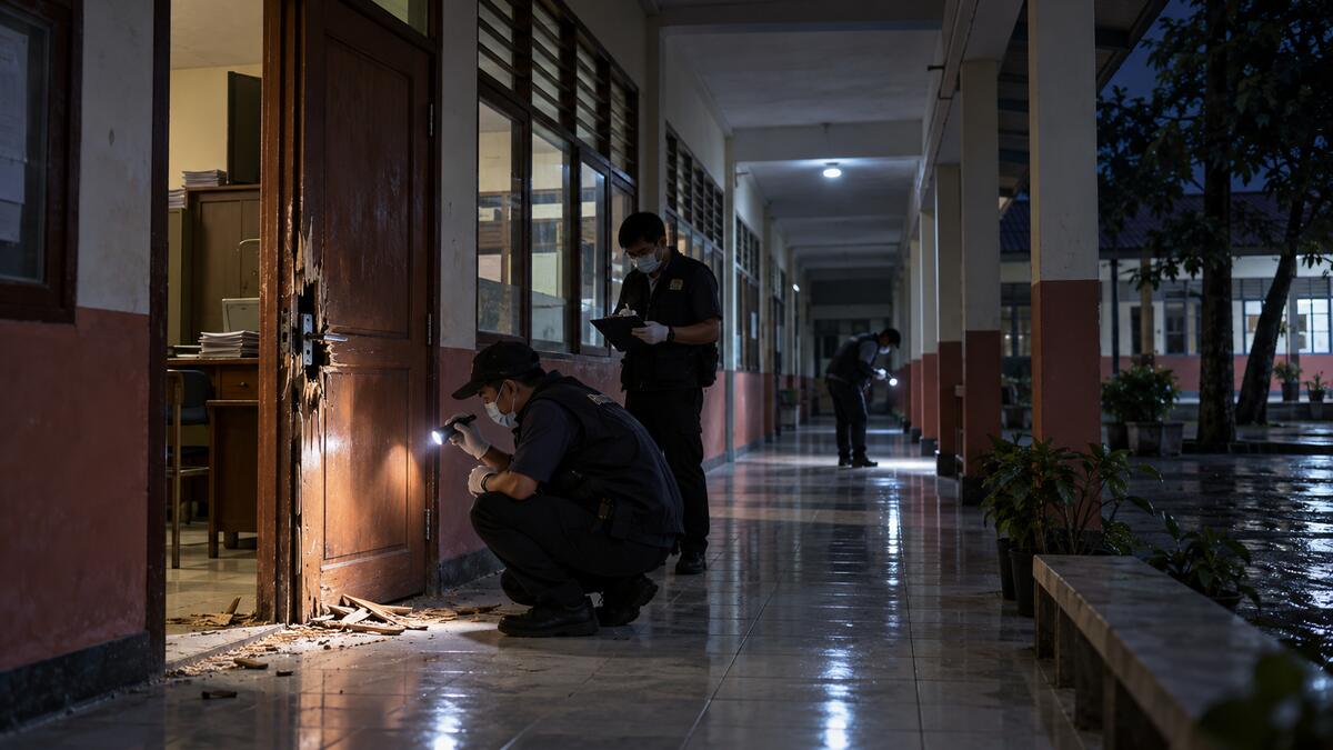 Petugas memeriksa pintu ruang sekolah yang rusak di koridor kosong pada malam hari