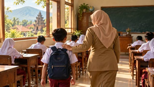 Seorang murid dilihat dari belakang sedang belajar bersama guru di ruang kelas yang tenang