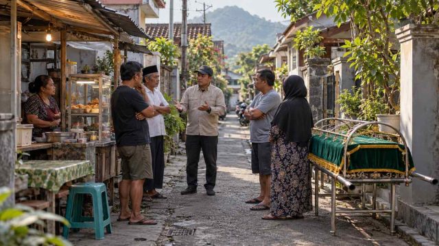 Warga dan petugas berdiskusi di gang sempit dekat warung dengan keranda kosong terlihat di sisi jalan
